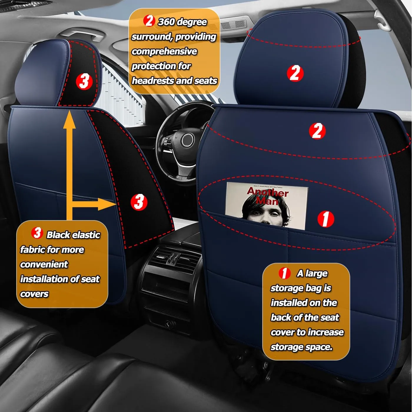 Car Seat Covers Full Set 3D Foam Back Support, 2 Front Seats Universal Fit for Most Trucks,Sedan and SUVs, Waterproof PU Leather Super Breathable, Storage Bags, All Season, Red  White