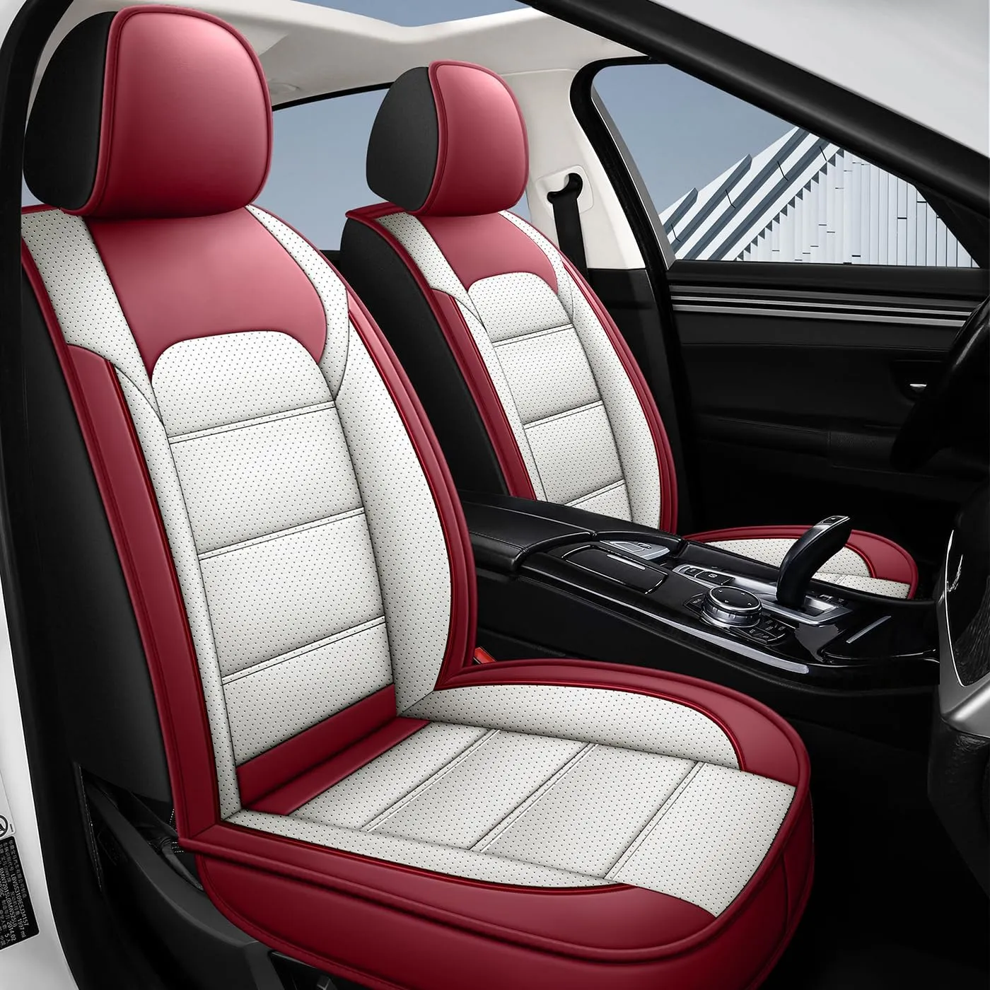 Car Seat Covers Full Set 3D Foam Back Support, 2 Front Seats Universal Fit for Most Trucks,Sedan and SUVs, Waterproof PU Leather Super Breathable, Storage Bags, All Season, Red  White