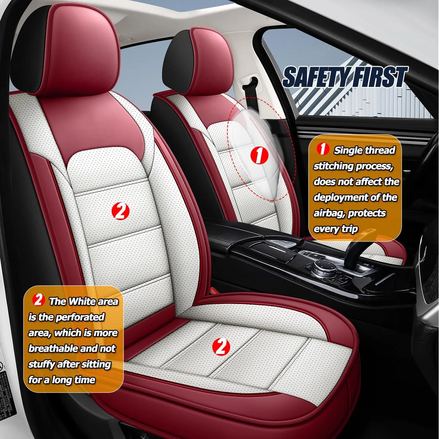 Car Seat Covers Full Set 3D Foam Back Support, 2 Front Seats Universal Fit for Most Trucks,Sedan and SUVs, Waterproof PU Leather Super Breathable, Storage Bags, All Season, Red  White