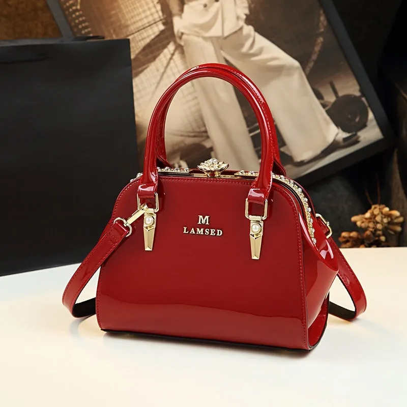 Carly – Glossy Vegan Leather Handbag with Gold Accents
