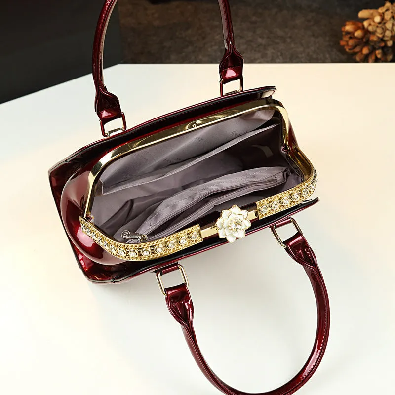 Carly – Glossy Vegan Leather Handbag with Gold Accents