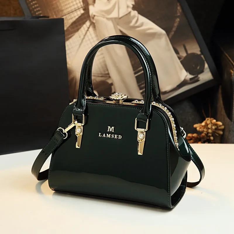 Carly – Glossy Vegan Leather Handbag with Gold Accents