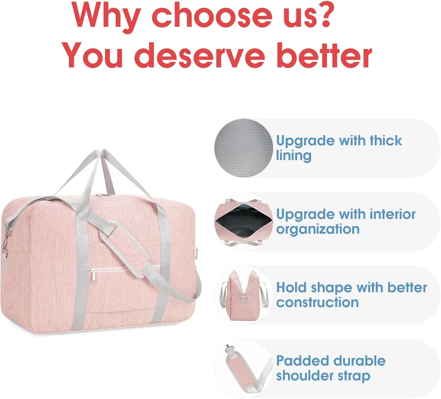 Carry on luaggage 22x14x9 Airlines Approved Foldable Carry on Bag Travel Duffel Packable Duffle Overnight for Women 40L (Pink)