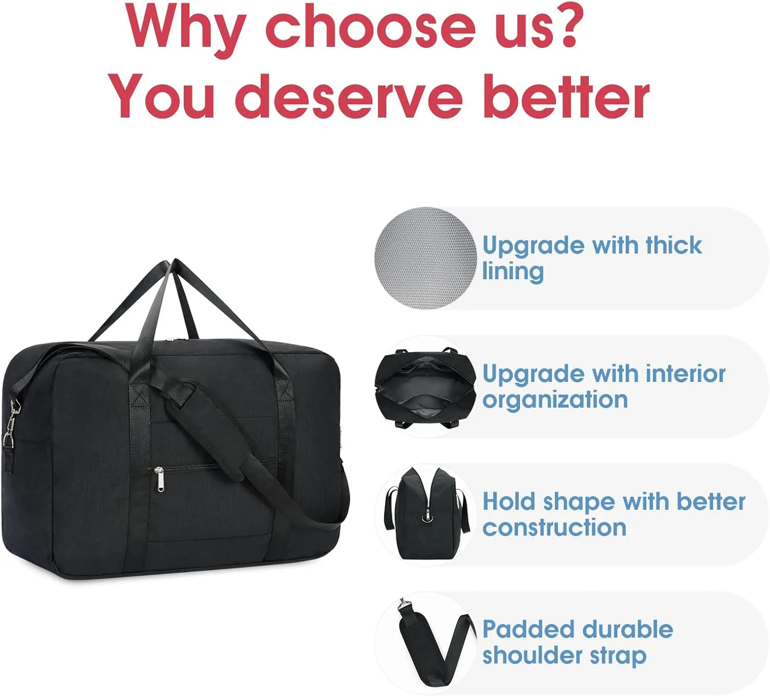Carry on luaggage 22x14x9 Airlines Approved Foldable Carry on Bag Travel Duffel Packable Duffle Overnight for Women and Men 40L (Black)