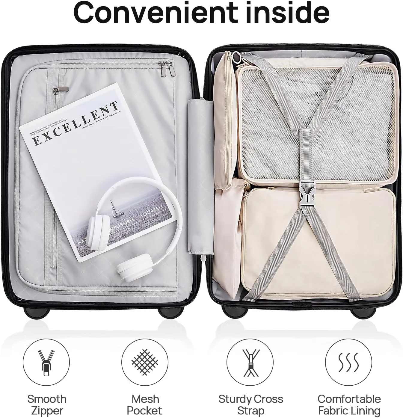Carry on Luggage 22 X 14 X 9 Airline Approved, 20 Inch Luggage for 3-5 Days Travel, Double Spinner Wheels, 100% Hardshell PC, TSA Lock (Black color, Carry-on-38L-20)