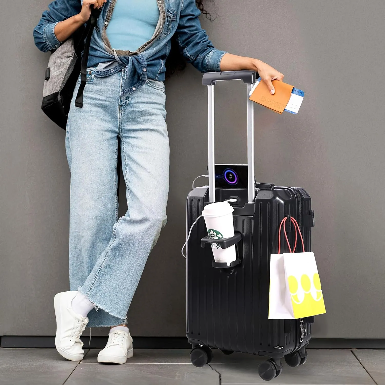 Carry-on Luggage with Cup Holder & USB Charging Port, Hard Side Luggage with Spinner Wheels, Lightweight Luggage for Travel, Business (Black, Carry-On 20-Inch)