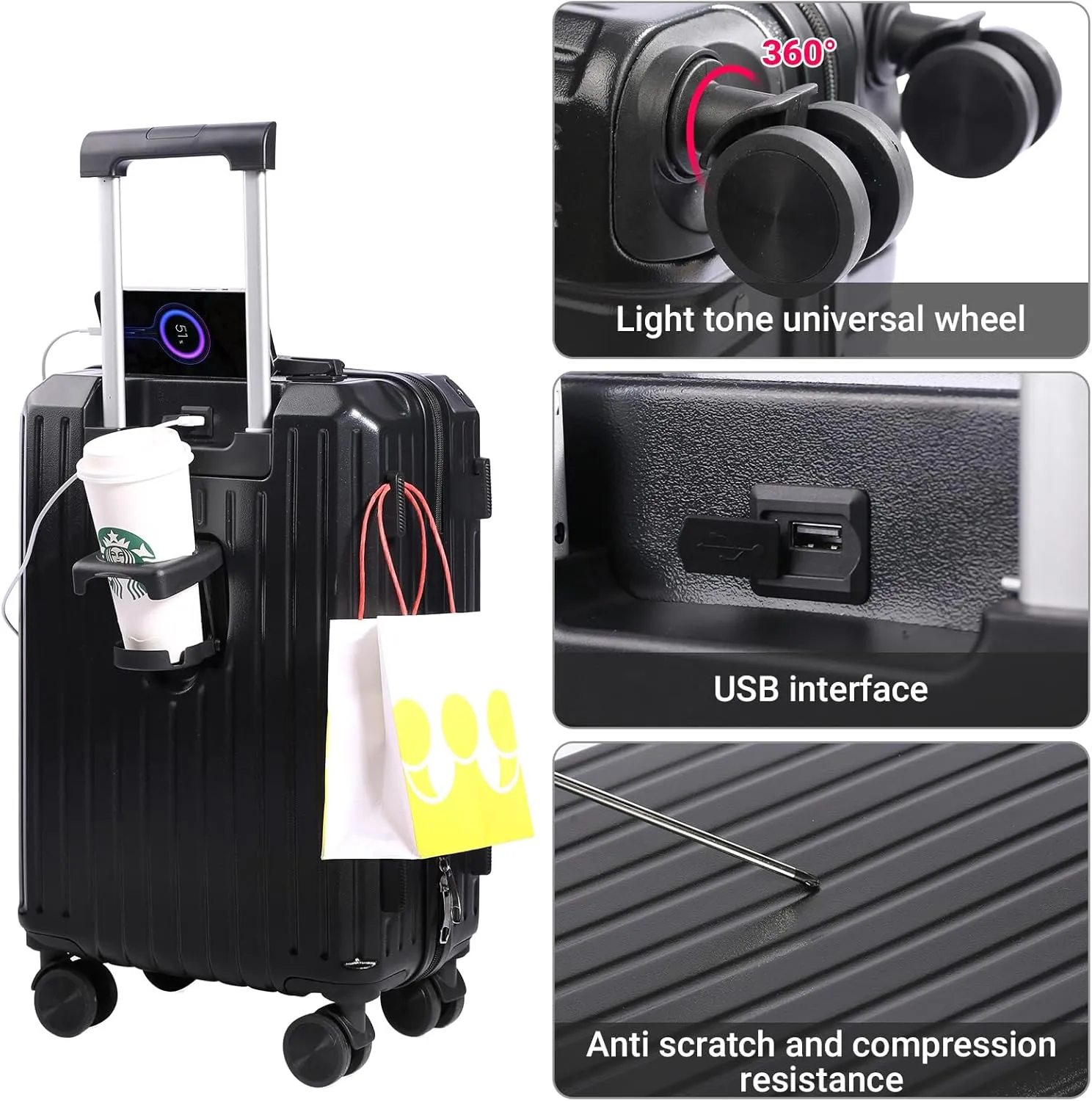 Carry-on Luggage with Cup Holder & USB Charging Port, Hard Side Luggage with Spinner Wheels, Lightweight Luggage for Travel, Business (Black, Carry-On 20-Inch)