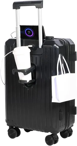 Carry-on Luggage with Cup Holder & USB Charging Port, Hard Side Luggage with Spinner Wheels, Lightweight Luggage for Travel, Business (Black, Carry-On 20-Inch)