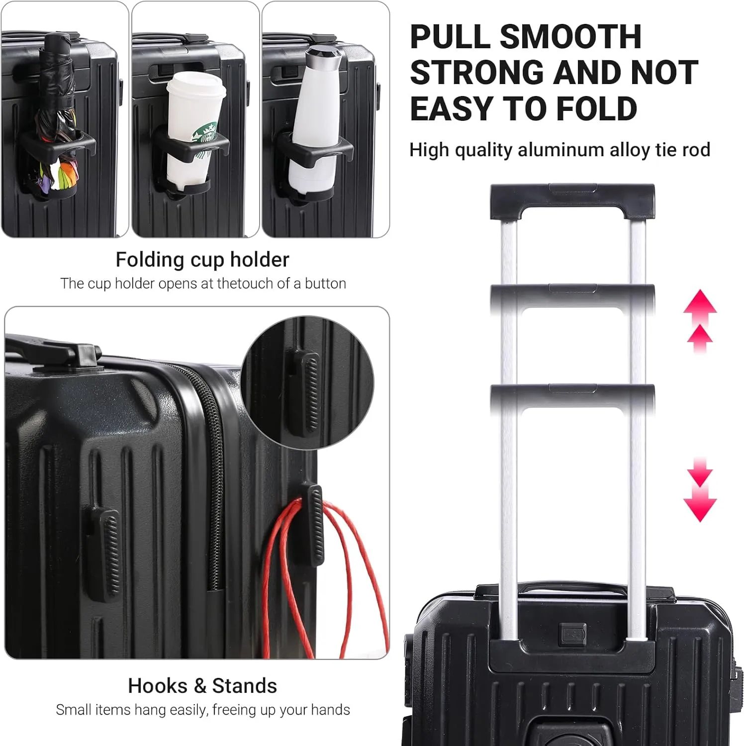 Carry-on Luggage with Cup Holder & USB Charging Port, Hard Side Luggage with Spinner Wheels, Lightweight Luggage for Travel, Business (Black, Carry-On 20-Inch)