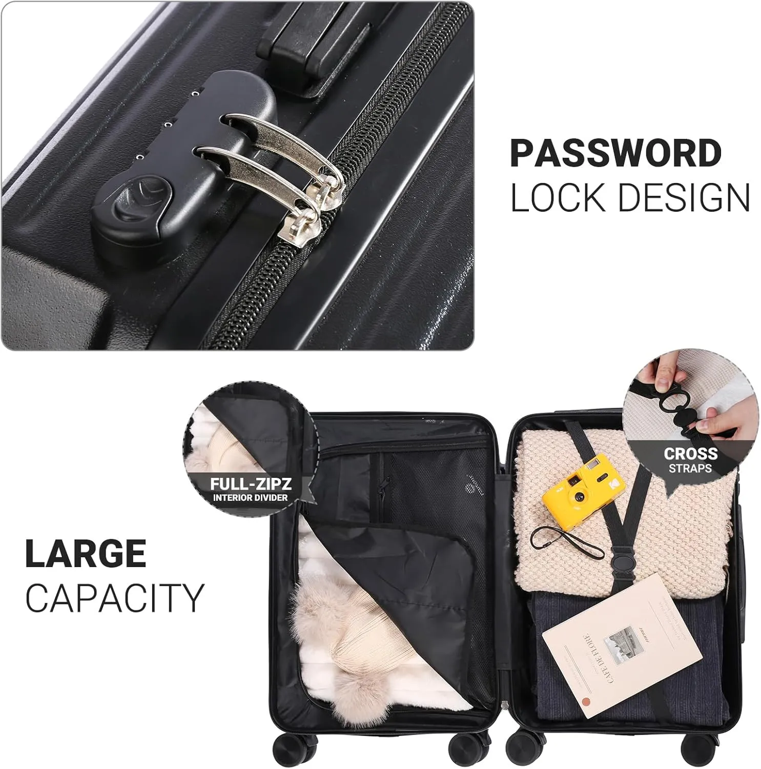 Carry-on Luggage with Cup Holder & USB Charging Port, Hard Side Luggage with Spinner Wheels, Lightweight Luggage for Travel, Business (Black, Carry-On 20-Inch)