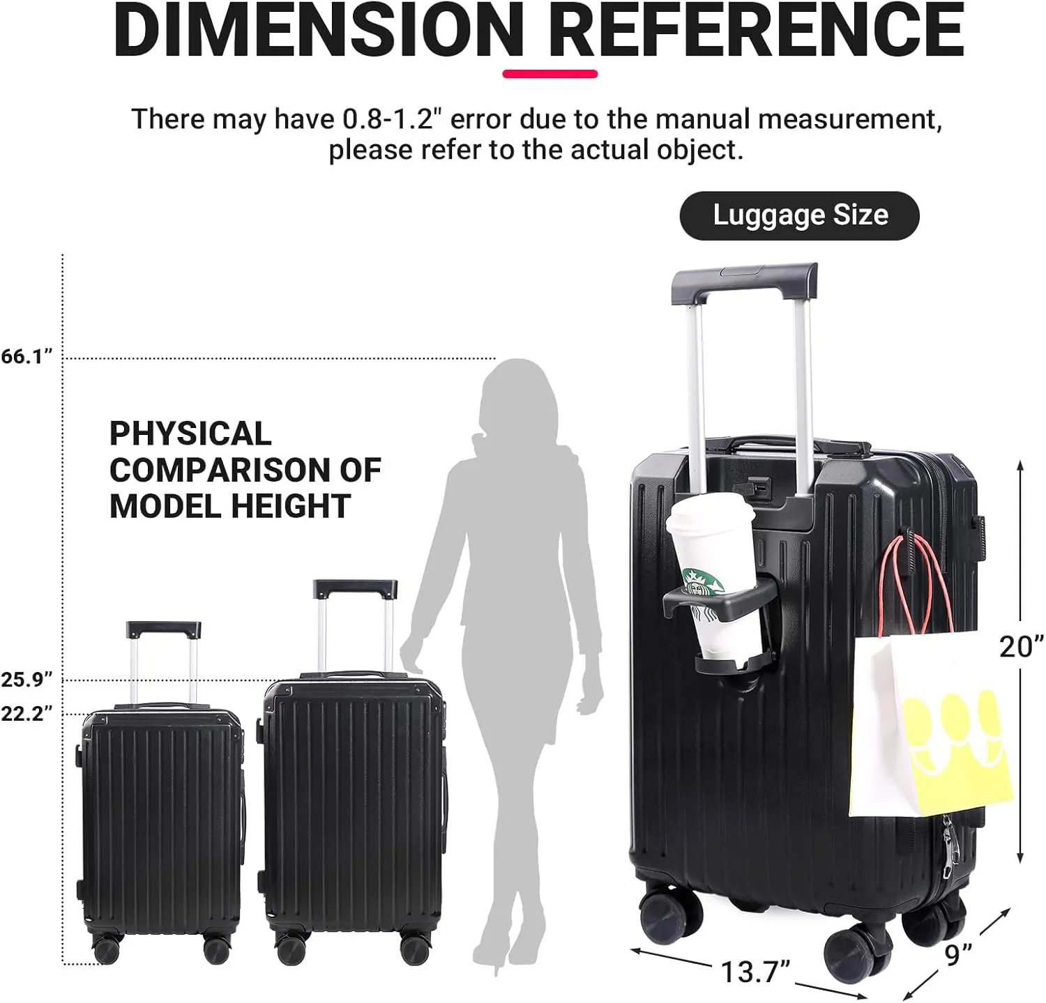 Carry-on Luggage with Cup Holder & USB Charging Port, Hard Side Luggage with Spinner Wheels, Lightweight Luggage for Travel, Business (Black, Carry-On 20-Inch)