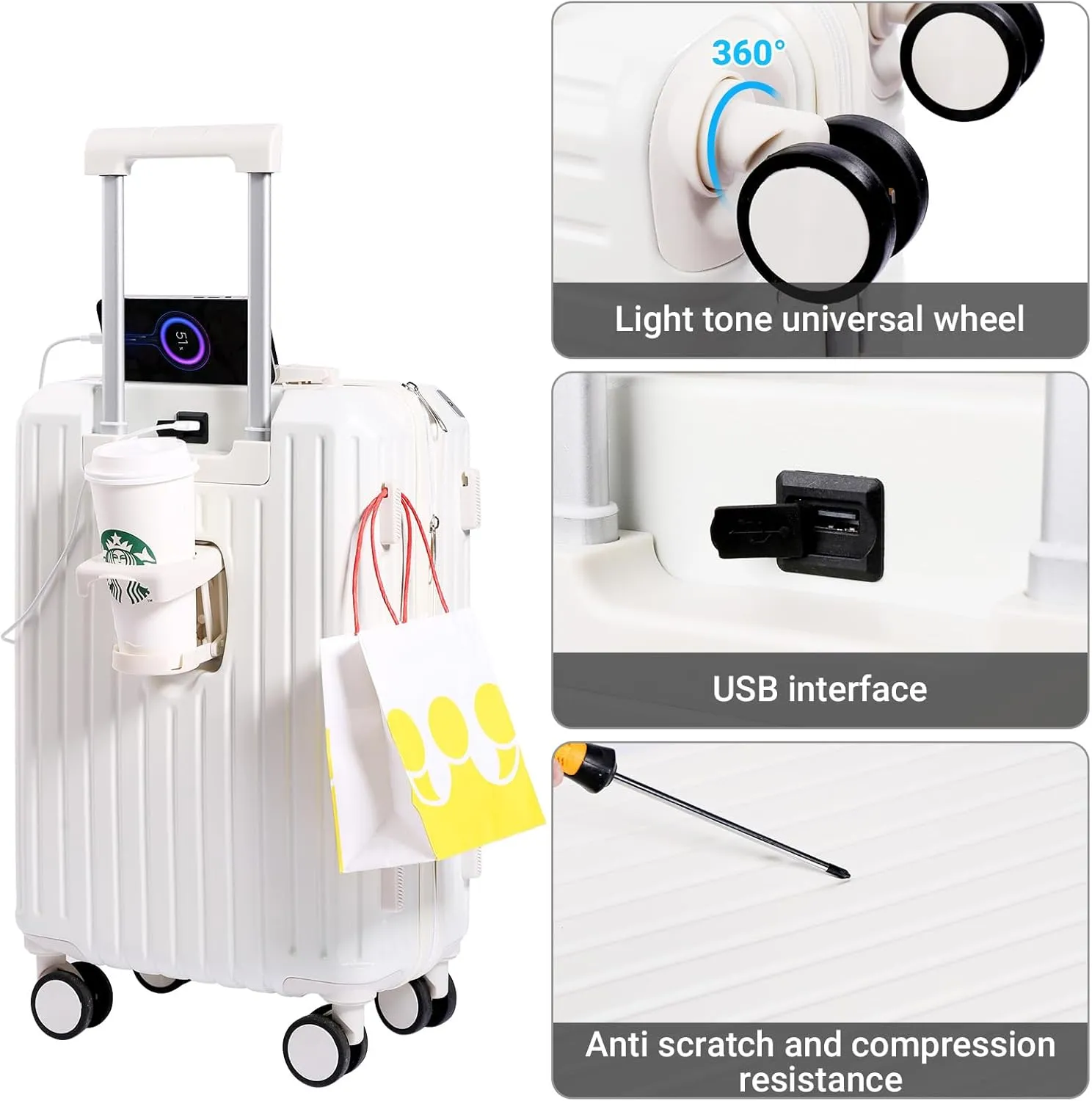Carry-on Luggage with Cup Holder & USB Charging Port, Hard Side Luggage with Spinner Wheels, Lightweight Luggage for Travel, Business (White, Carry-On 20-Inch)