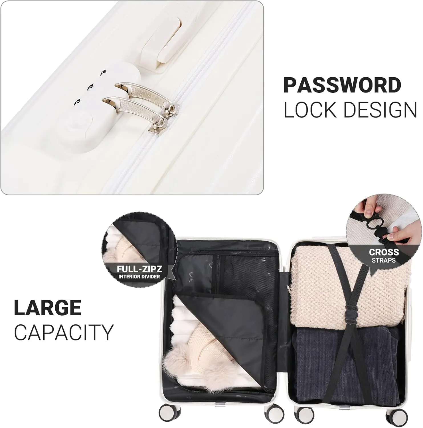 Carry-on Luggage with Cup Holder & USB Charging Port, Hard Side Luggage with Spinner Wheels, Lightweight Luggage for Travel, Business (White, Carry-On 20-Inch)