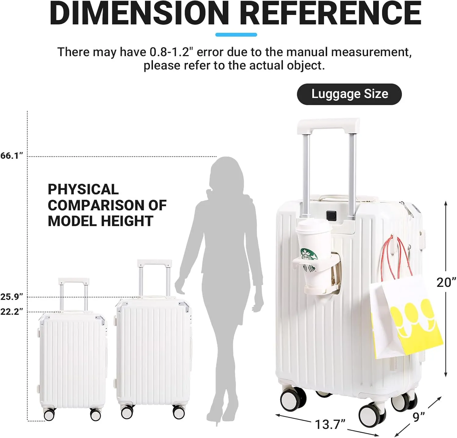 Carry-on Luggage with Cup Holder & USB Charging Port, Hard Side Luggage with Spinner Wheels, Lightweight Luggage for Travel, Business (White, Carry-On 20-Inch)
