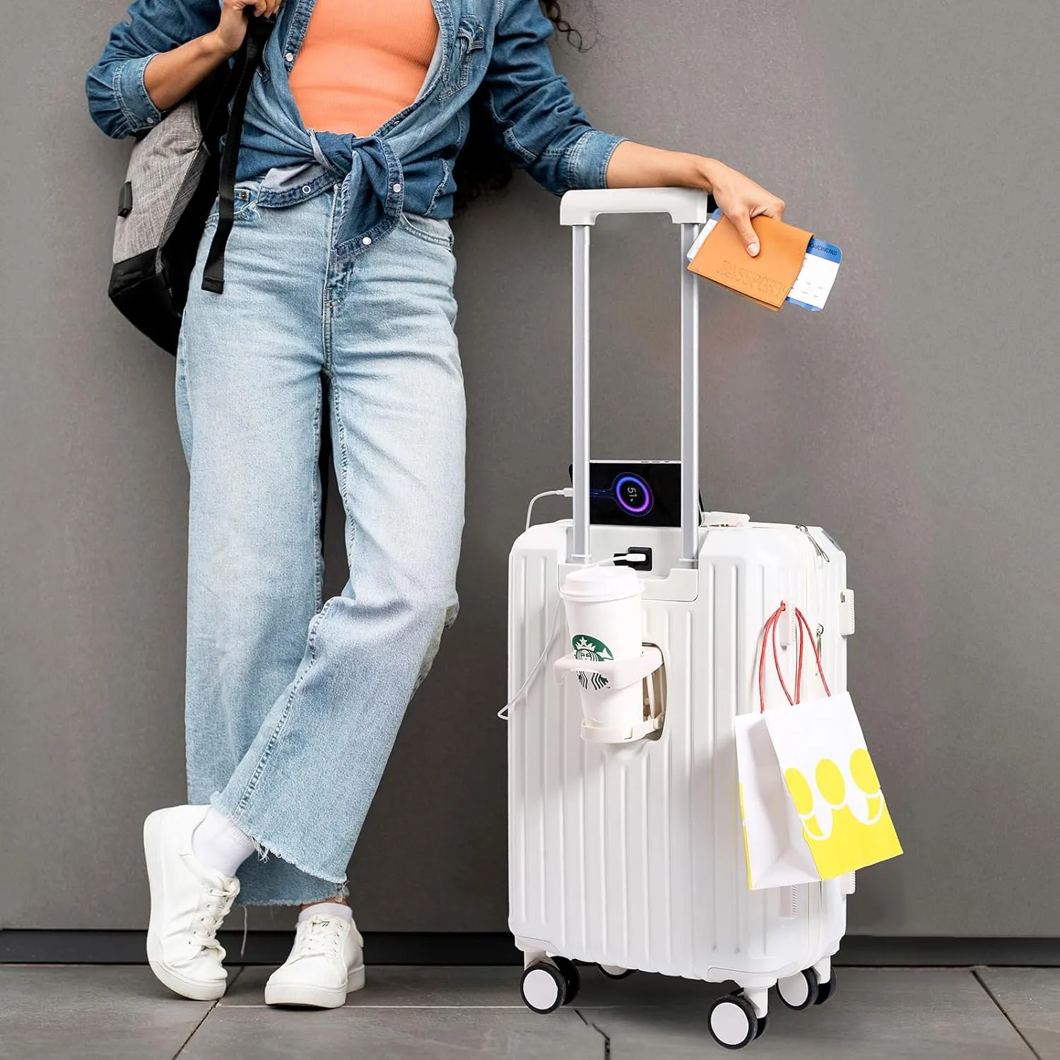 Carry-on Luggage with Cup Holder & USB Charging Port, Hard Side Luggage with Spinner Wheels, Lightweight Luggage for Travel, Business (White, Carry-On 20-Inch)