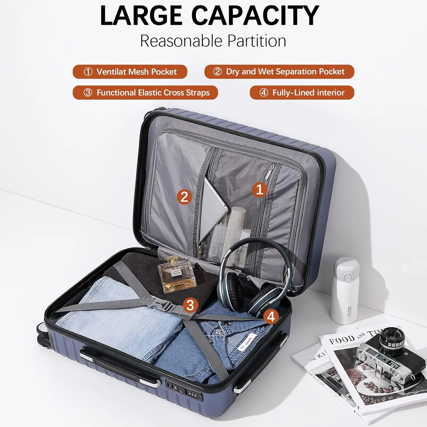 Carry on Luggage with Spinner Wheels, Hardside Lightweight 20" Carry on Suitcase Airline Approved TSA Lock (Navy Blue)
