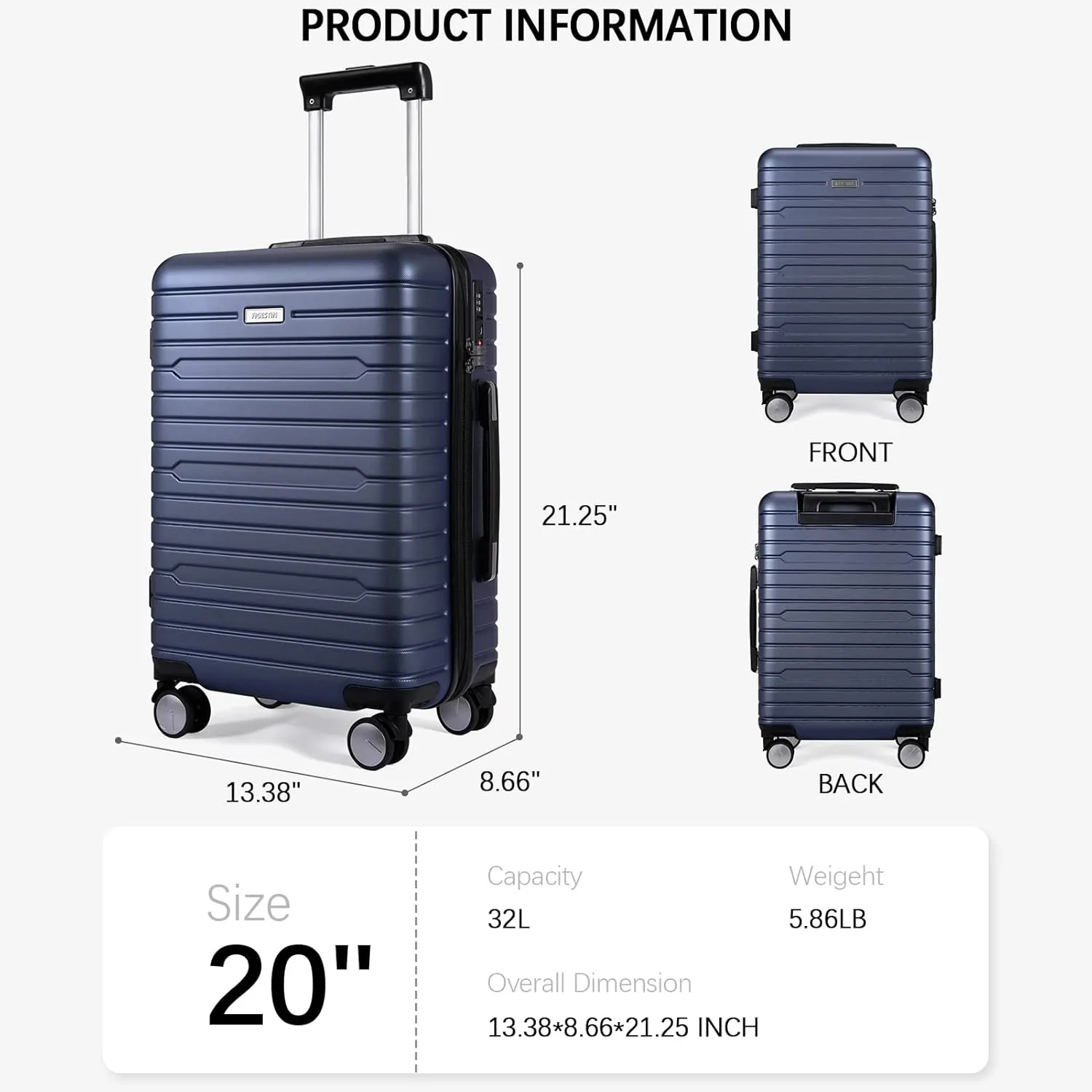 Carry on Luggage with Spinner Wheels, Hardside Lightweight 20" Carry on Suitcase Airline Approved TSA Lock (Navy Blue)