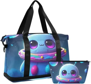 Cartoon Cute Blue Aliens Duffel Bag Large Carry On Bag with Adjustable Strap for Yoga Waterproof