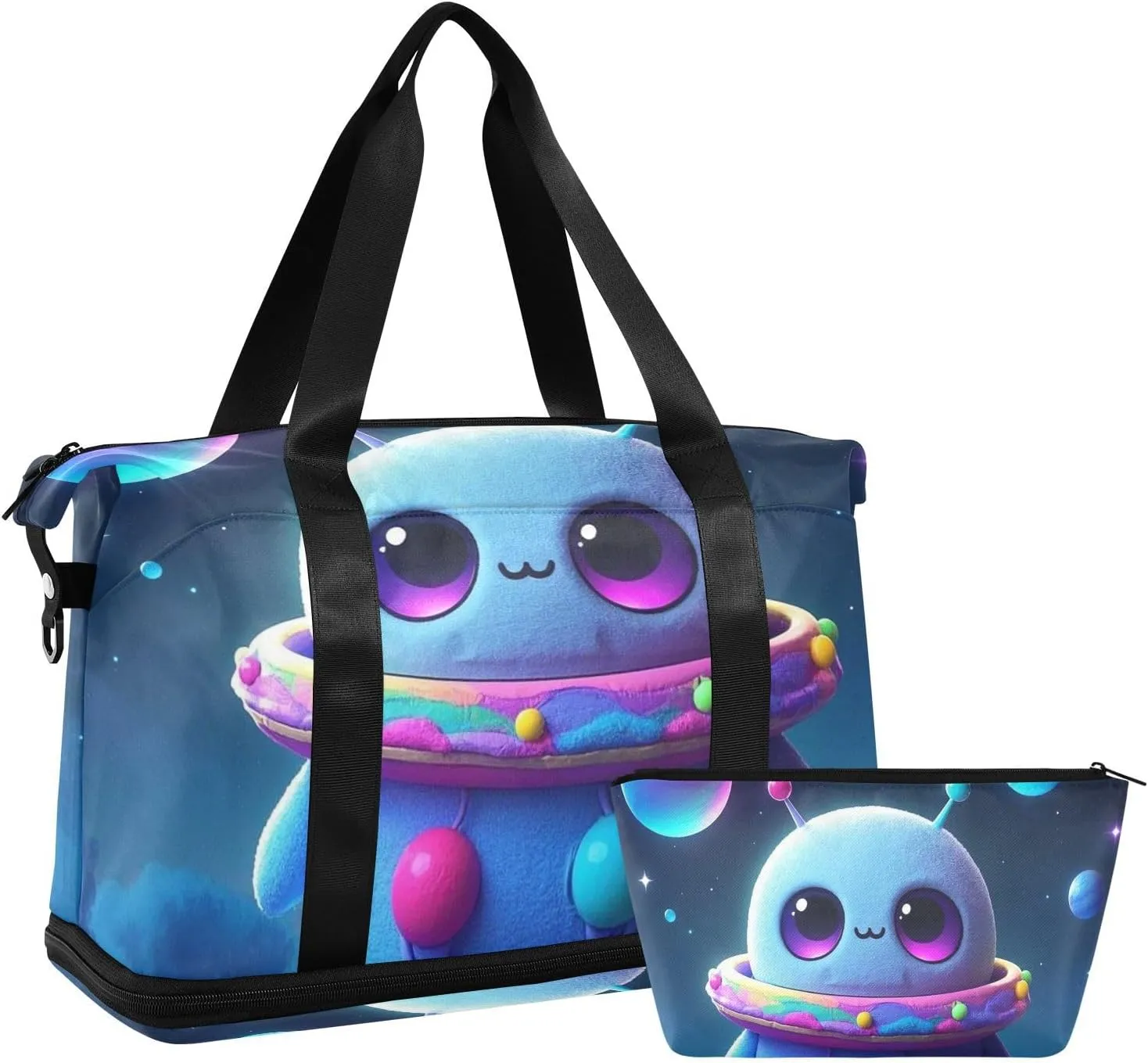 Cartoon Cute Blue Aliens Duffel Bag Large Carry On Bag with Adjustable Strap for Yoga Waterproof