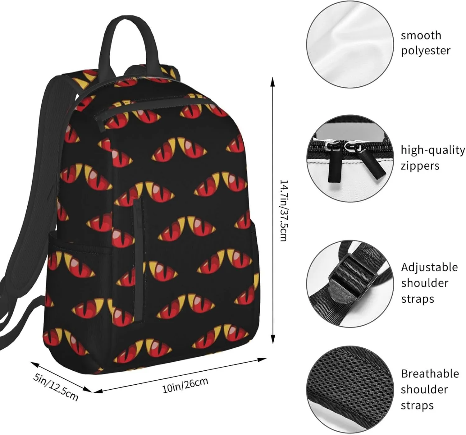 Cartoon Evilly Red Yellow Eyes Casual Backpacks Large Capacity Laptop Backpack Sports Fitness Rucksack Travel Carry-On Daypack Adjustable Shoulder Strap Work Bag for Outdoor Camping