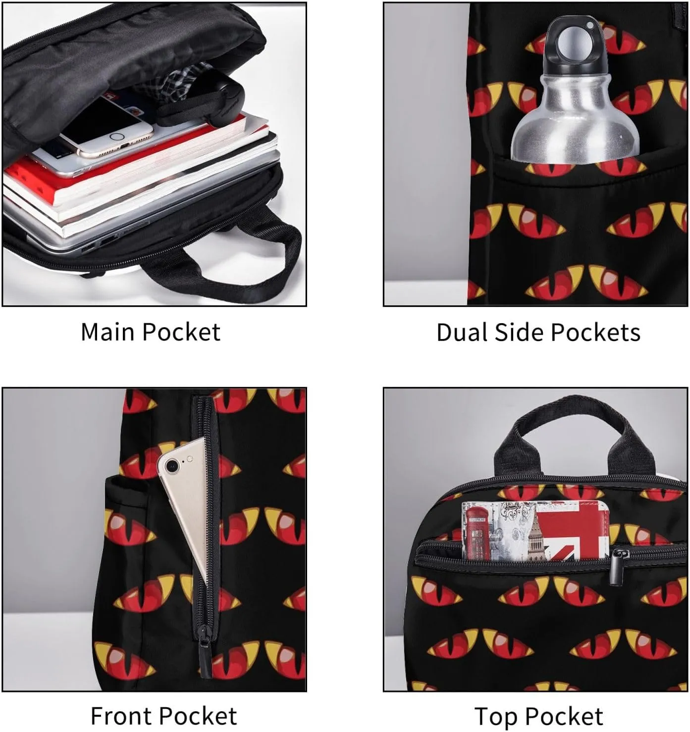 Cartoon Evilly Red Yellow Eyes Casual Backpacks Large Capacity Laptop Backpack Sports Fitness Rucksack Travel Carry-On Daypack Adjustable Shoulder Strap Work Bag for Outdoor Camping