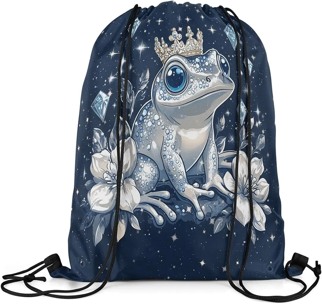 Castle Fairy Frog Drawstring Backpack Flower Animals Sackpack for Beach Swimming Pool Glitter Print (No Glitter) Luxury Texture Draw String Bags Waterproof Sports Gym