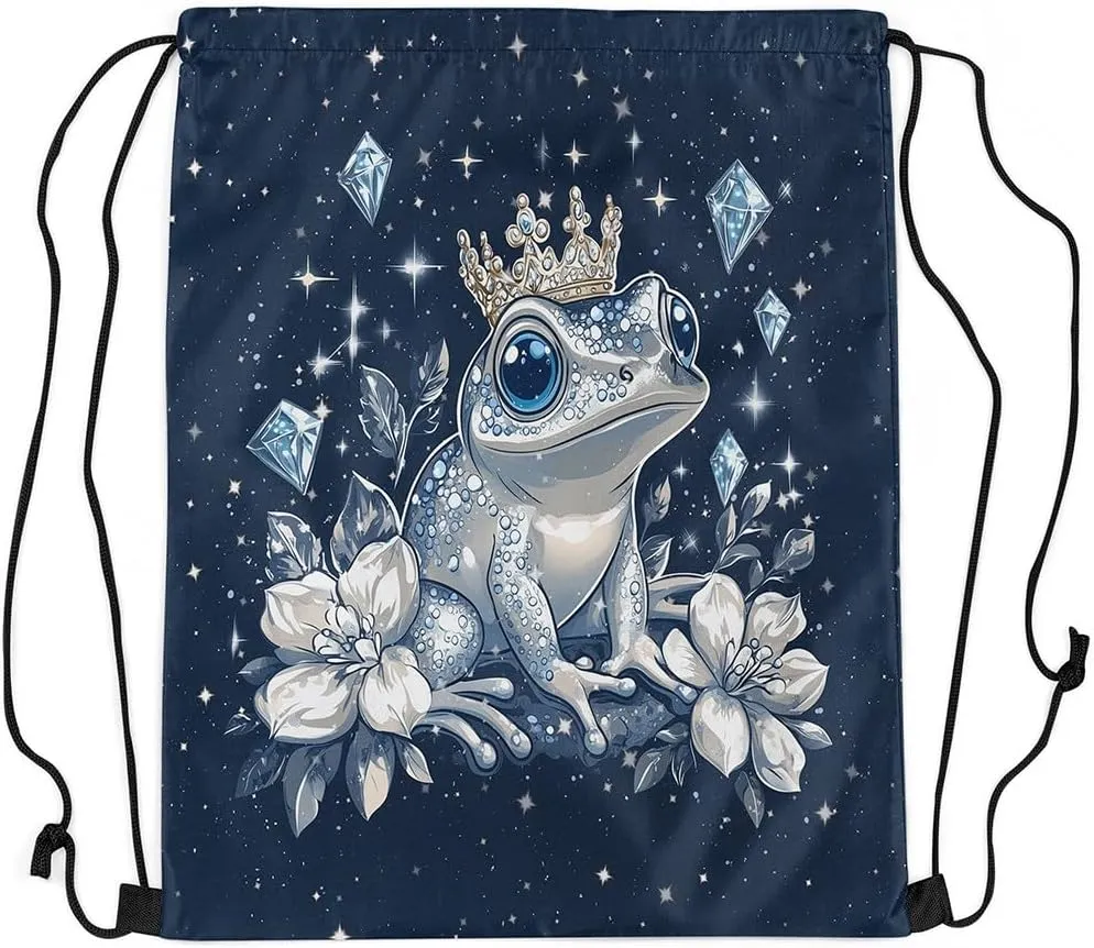 Castle Fairy Frog Drawstring Backpack Flower Animals Sackpack for Beach Swimming Pool Glitter Print (No Glitter) Luxury Texture Draw String Bags Waterproof Sports Gym