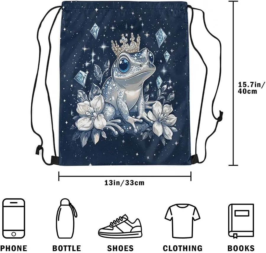 Castle Fairy Frog Drawstring Backpack Flower Animals Sackpack for Beach Swimming Pool Glitter Print (No Glitter) Luxury Texture Draw String Bags Waterproof Sports Gym