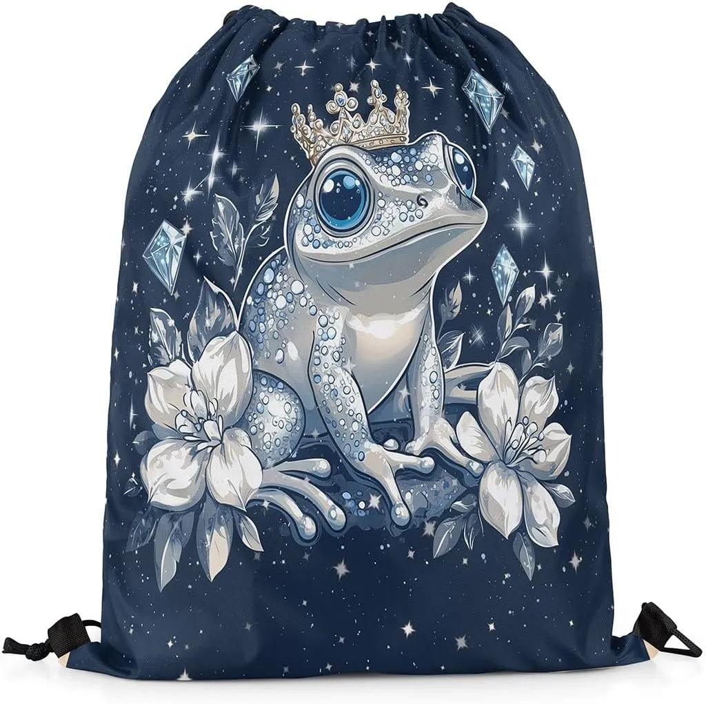 Castle Fairy Frog Drawstring Backpack Flower Animals Sackpack for Beach Swimming Pool Glitter Print (No Glitter) Luxury Texture Draw String Bags Waterproof Sports Gym