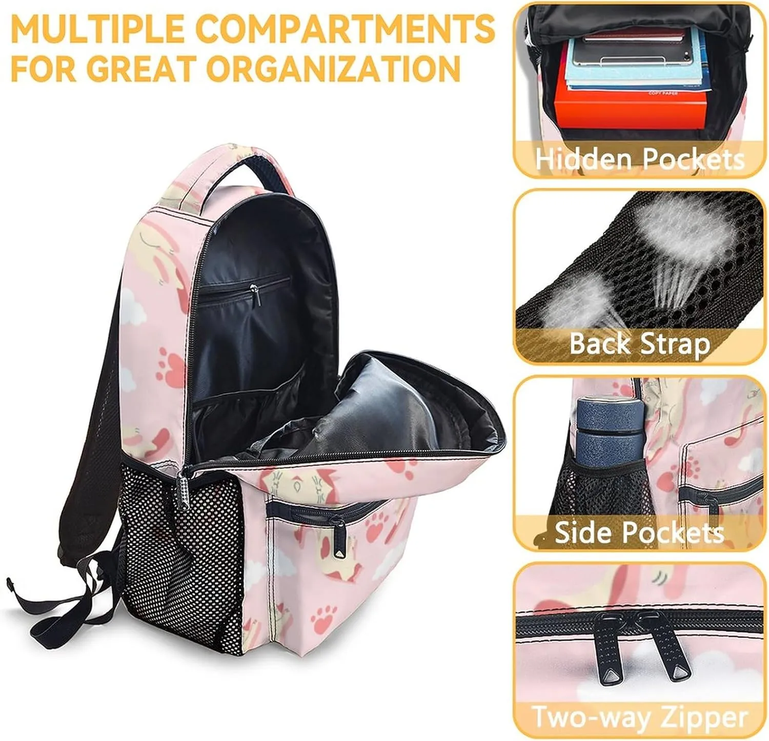 Cat Girls Backpack for School, 16 Inch Pink Backpacks for Kids, Cute Lightweight Bookbag for Travel
