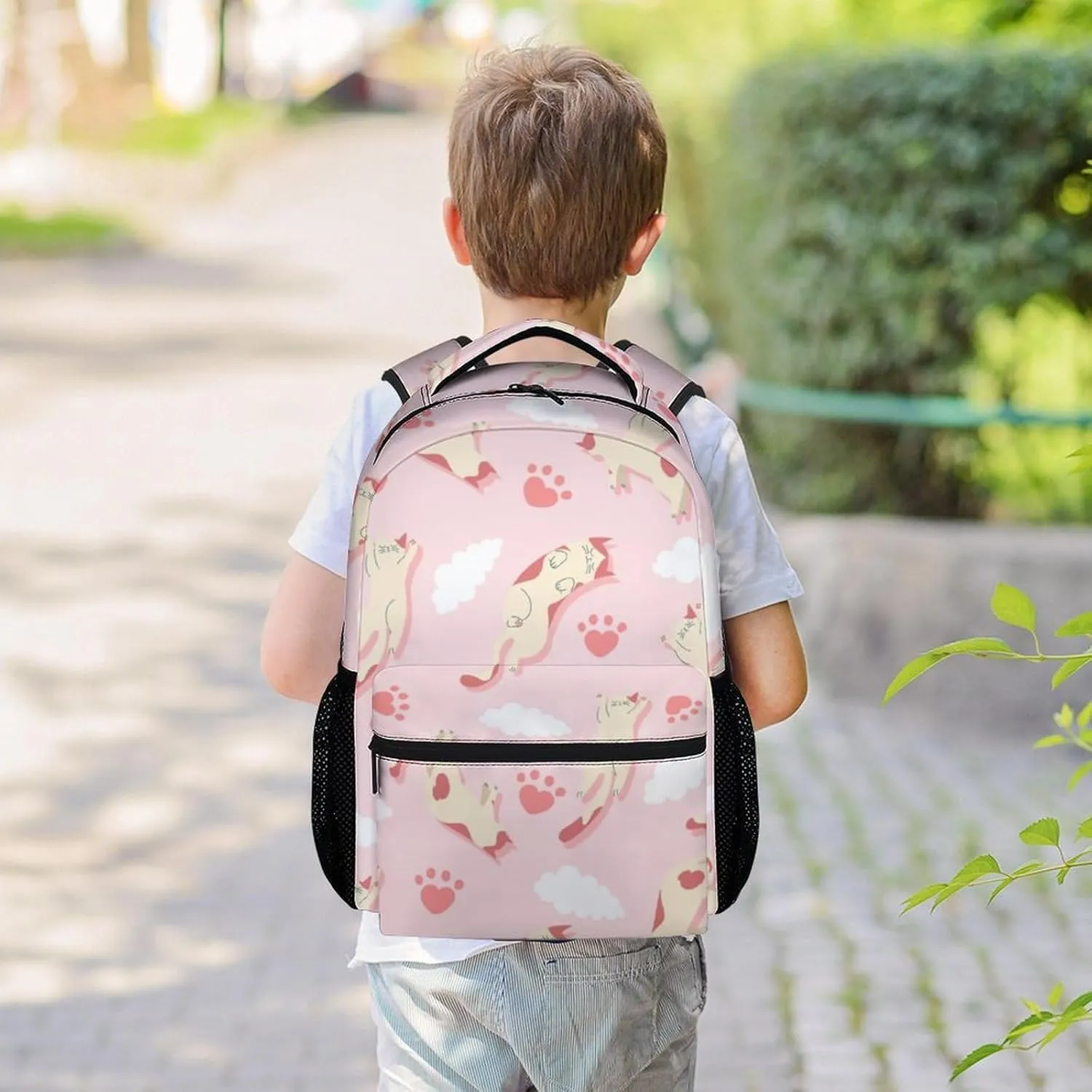 Cat Girls Backpack for School, 16 Inch Pink Backpacks for Kids, Cute Lightweight Bookbag for Travel