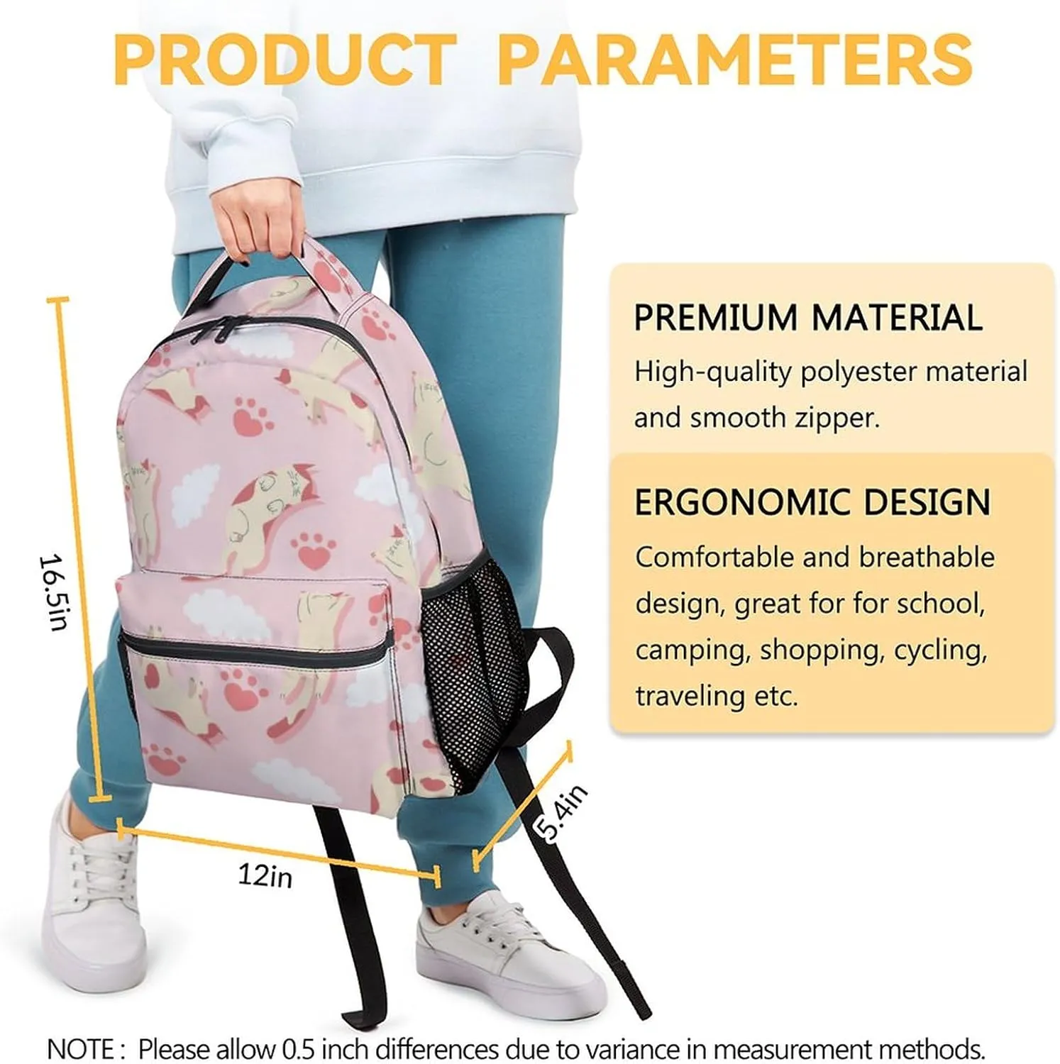 Cat Girls Backpack for School, 16 Inch Pink Backpacks for Kids, Cute Lightweight Bookbag for Travel