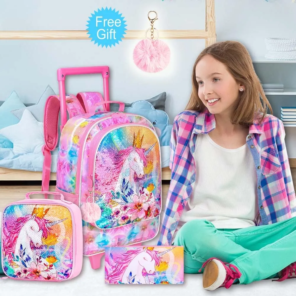 CCJPX 4PCS Kids Rolling Backpack for Girls, Unicorn Sequin Roller Wheeled Bookbag Toddler Elementary School Bag with Wheels