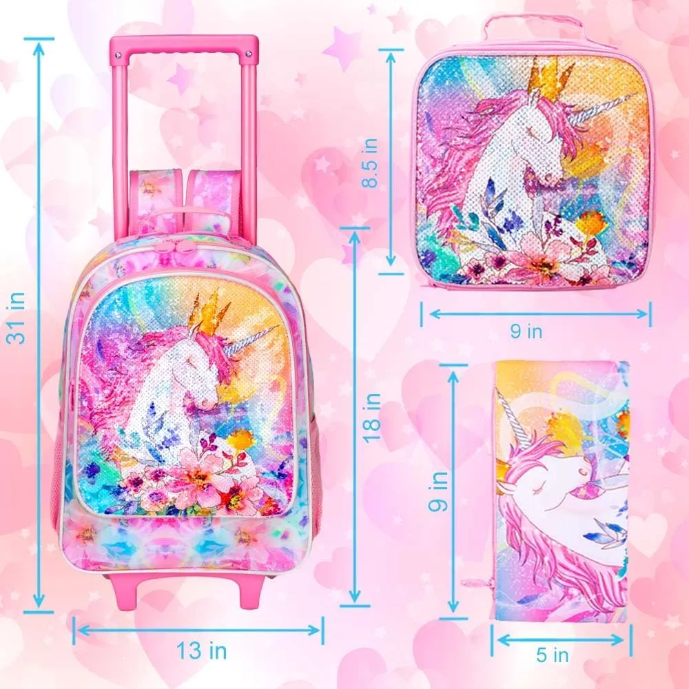 CCJPX 4PCS Kids Rolling Backpack for Girls, Unicorn Sequin Roller Wheeled Bookbag Toddler Elementary School Bag with Wheels