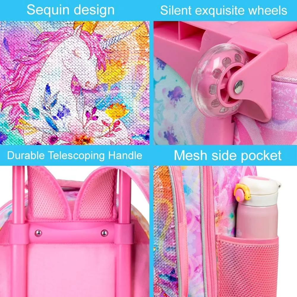 CCJPX 4PCS Kids Rolling Backpack for Girls, Unicorn Sequin Roller Wheeled Bookbag Toddler Elementary School Bag with Wheels