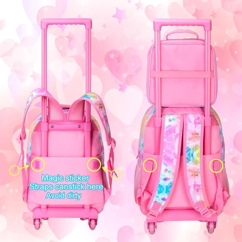 CCJPX 4PCS Kids Rolling Backpack for Girls, Unicorn Sequin Roller Wheeled Bookbag Toddler Elementary School Bag with Wheels