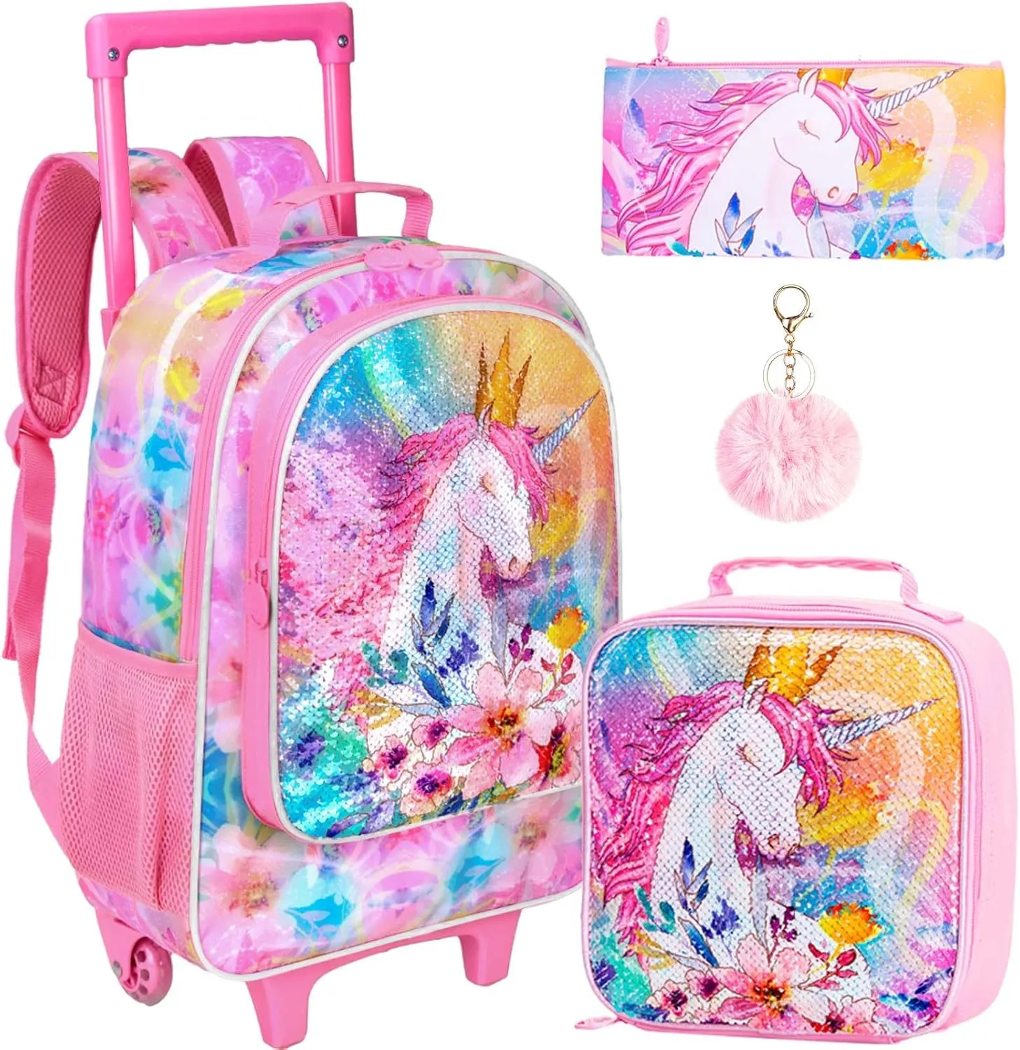 CCJPX 4PCS Kids Rolling Backpack for Girls, Unicorn Sequin Roller Wheeled Bookbag Toddler Elementary School Bag with Wheels