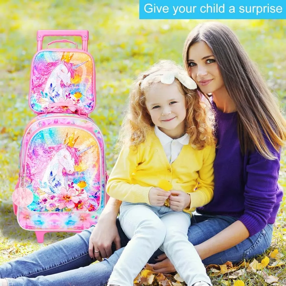 CCJPX 4PCS Kids Rolling Backpack for Girls, Unicorn Sequin Roller Wheeled Bookbag Toddler Elementary School Bag with Wheels