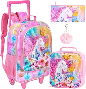 CCJPX 4PCS Kids Rolling Backpack for Girls, Unicorn Sequin Roller Wheeled Bookbag Toddler Elementary School Bag with Wheels