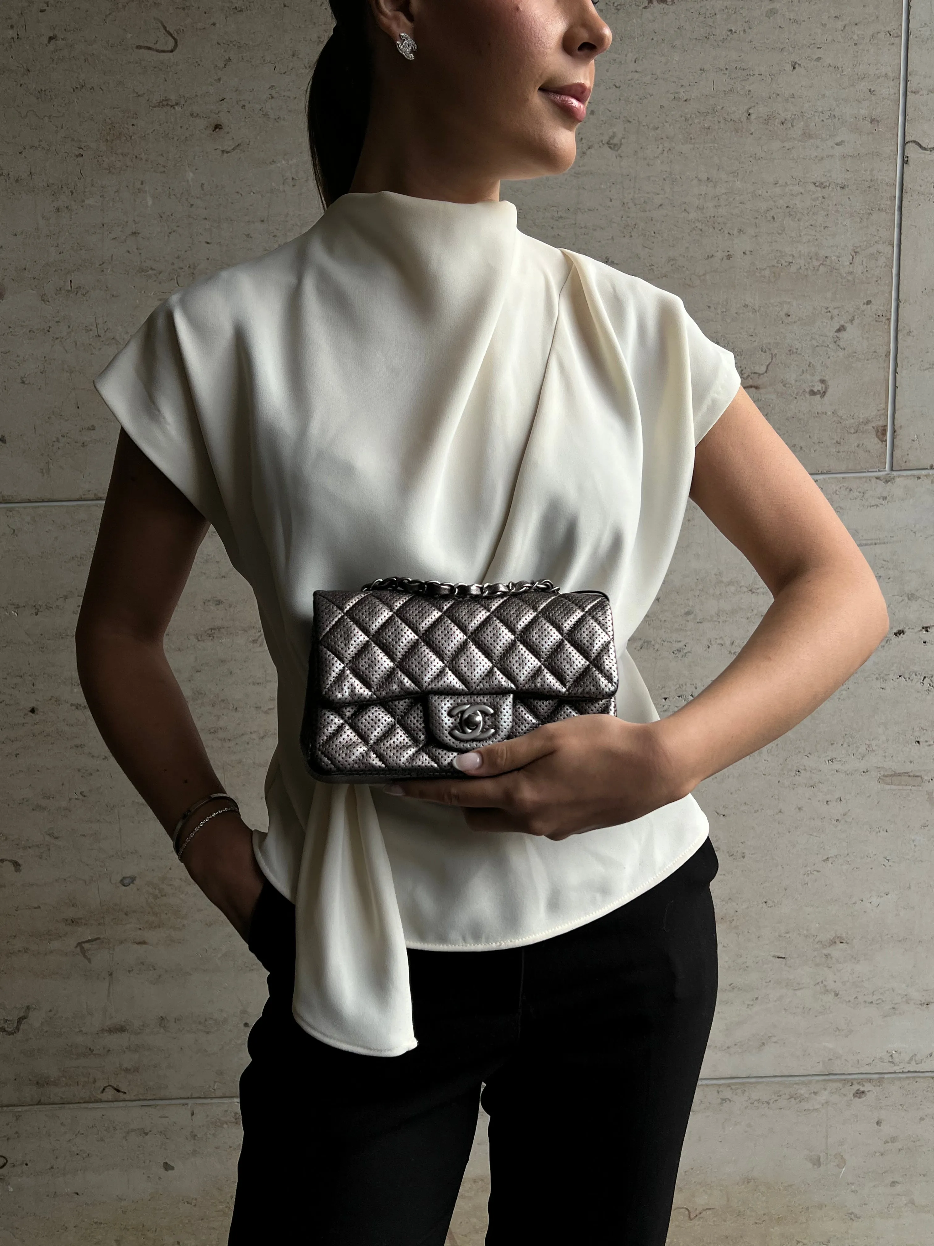 Chanel Mini Rectangular Metallic Grey Perforated RHW