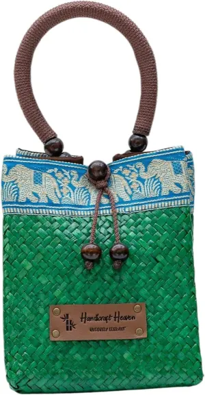 Charming Mini Straw Krajood Bag with Silk Border | Woven Bead Closure | Evening Purse