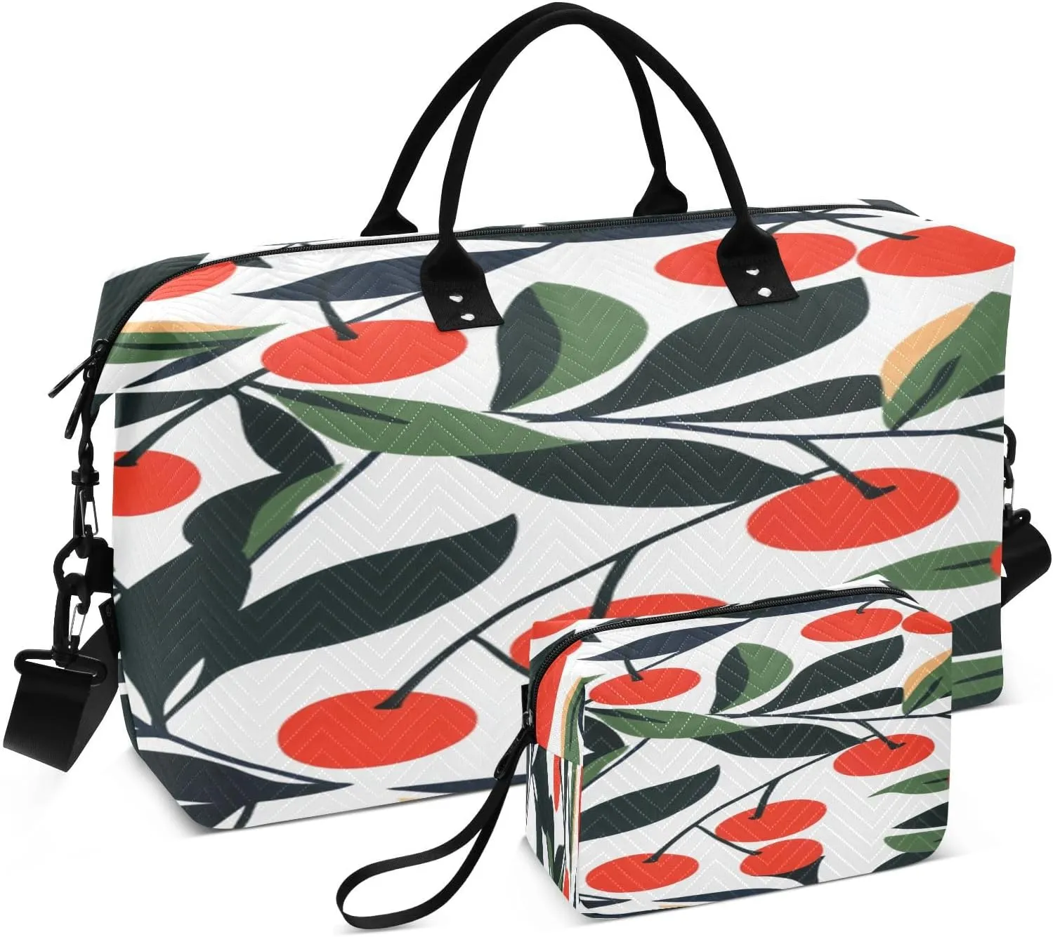 Cherry Branch Leaves White Travel Duffel Bag with Toiletry Bag Weekender Bag for Carry on Sports Gym Bag for Weekend Travel Sports