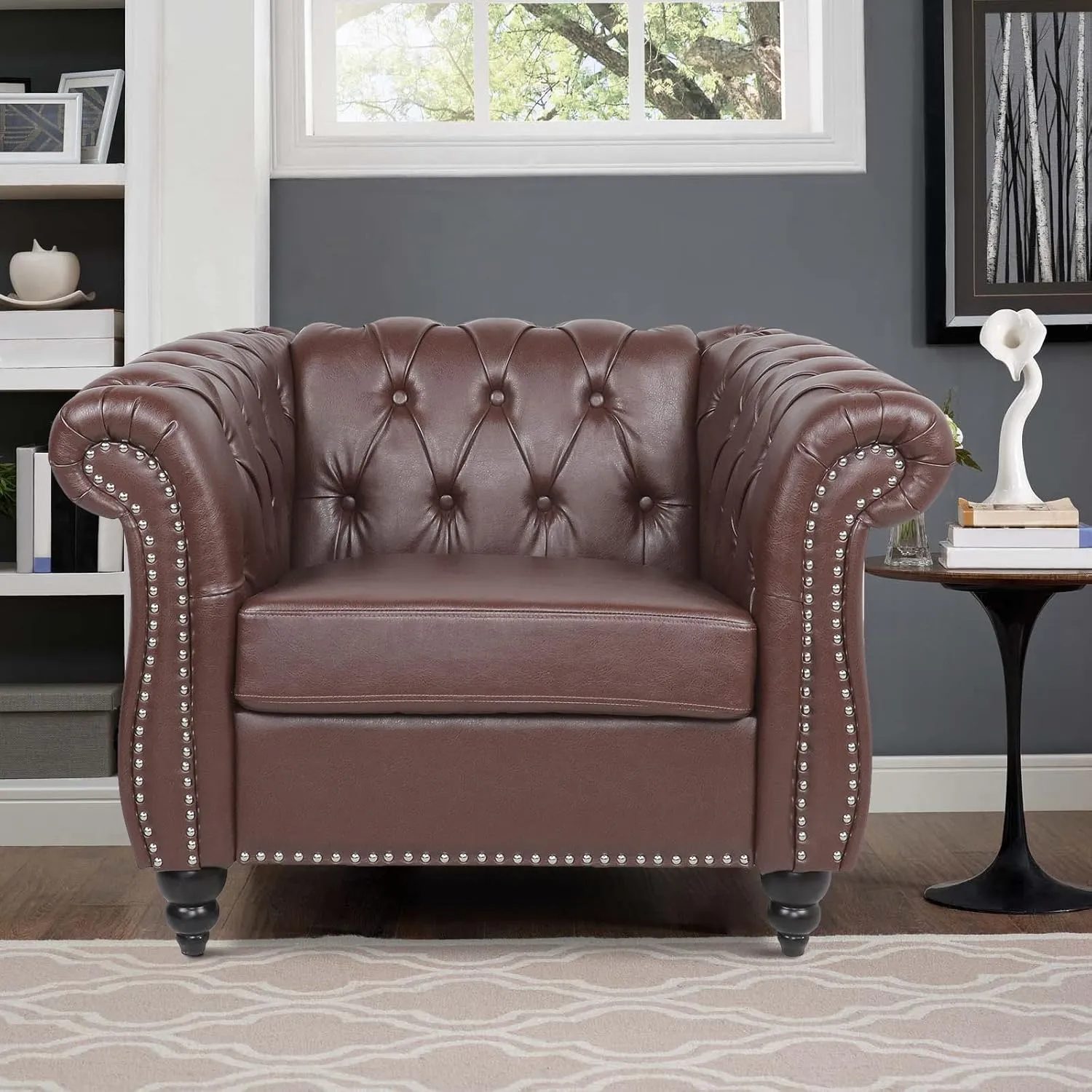 Chesterfield Chair Leather, Upholstered Single Sofa Chair, Accent Comfy Club Armchair with Rolled Arms and Nailhead for Living Room, Bedroom (Dark Brown)