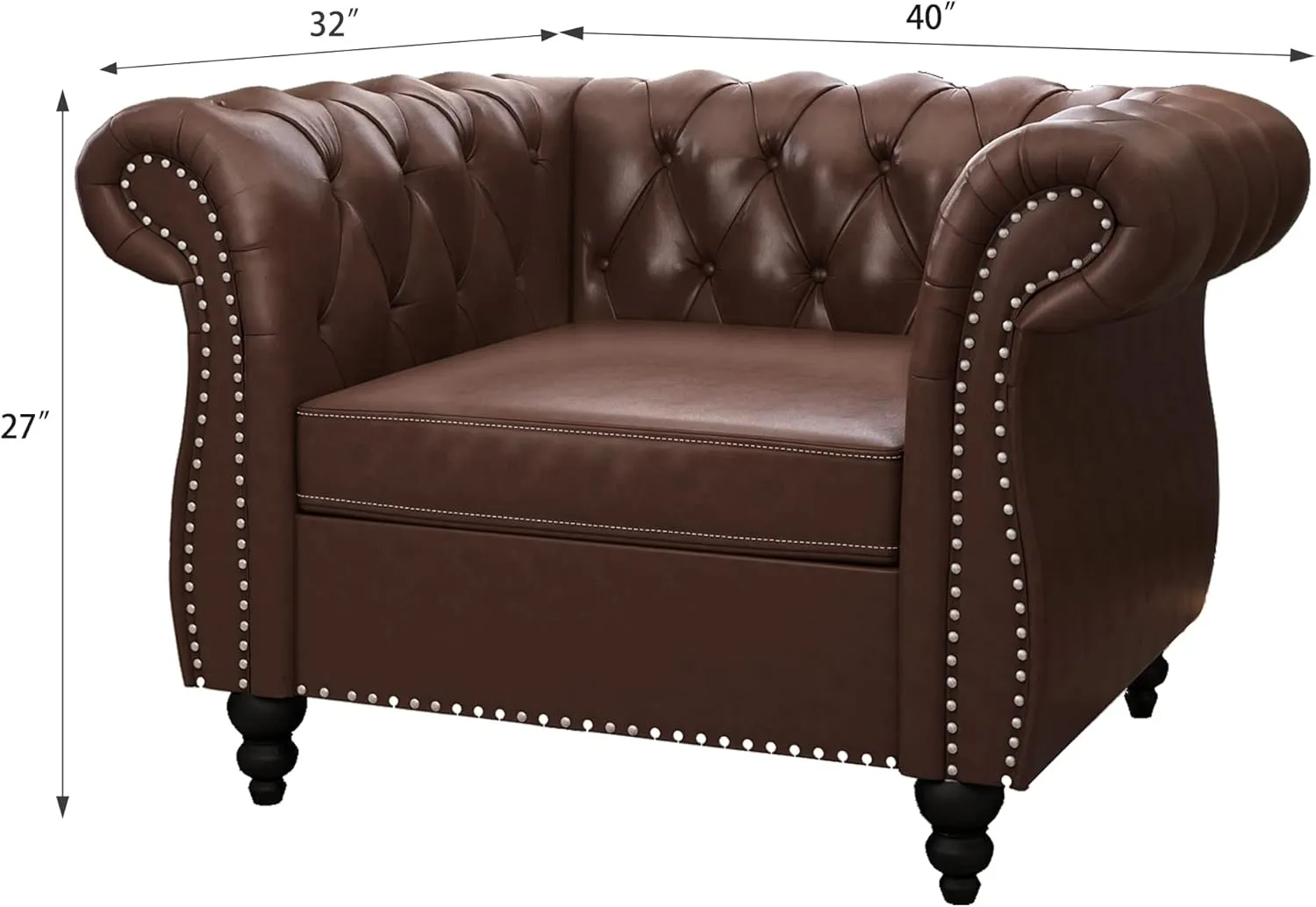 Chesterfield Chair Leather, Upholstered Single Sofa Chair, Accent Comfy Club Armchair with Rolled Arms and Nailhead for Living Room, Bedroom (Dark Brown)