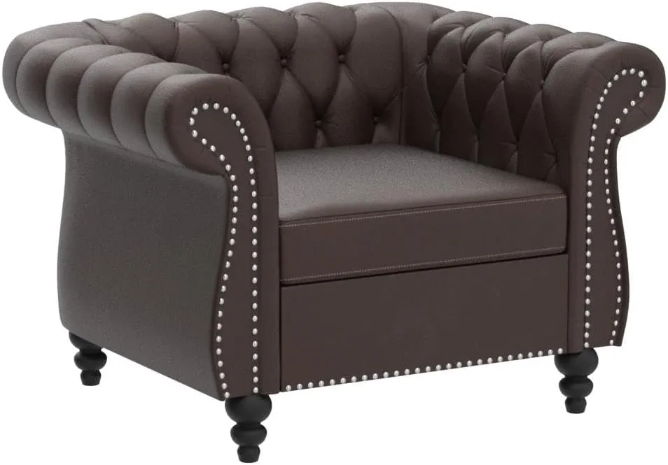 Chesterfield Chair Leather, Upholstered Single Sofa Chair, Accent Comfy Club Armchair with Rolled Arms and Nailhead for Living Room, Bedroom (Dark Brown)