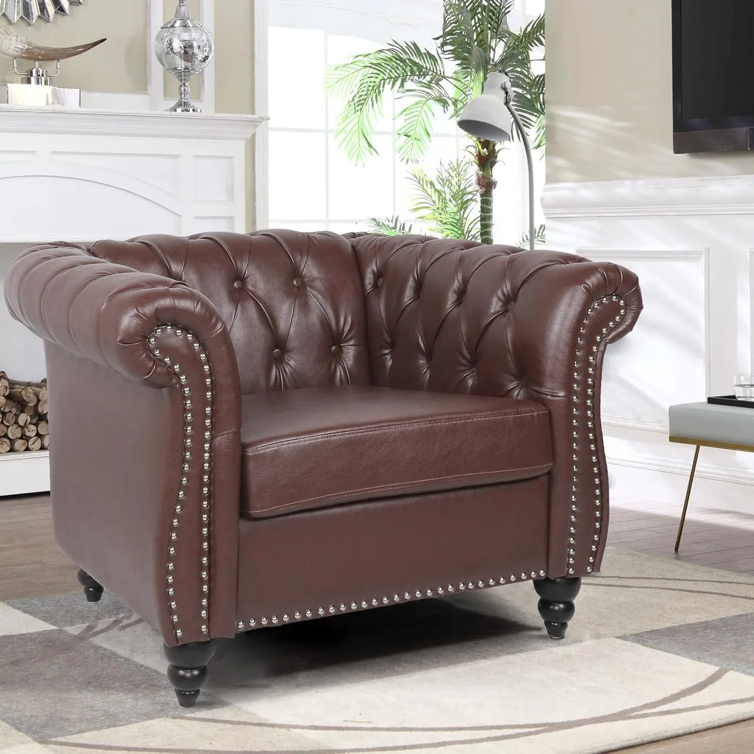 Chesterfield Chair Leather, Upholstered Single Sofa Chair, Accent Comfy Club Armchair with Rolled Arms and Nailhead for Living Room, Bedroom (Dark Brown)