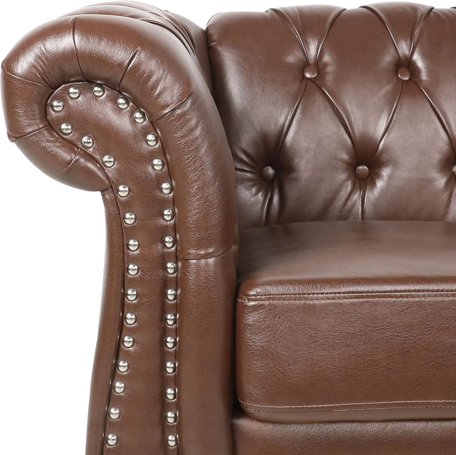 Chesterfield Chair Leather, Upholstered Single Sofa Chair, Accent Comfy Club Armchair with Rolled Arms and Nailhead for Living Room, Bedroom (Dark Brown)