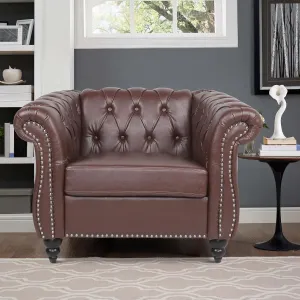 Chesterfield Chair Leather, Upholstered Single Sofa Chair, Accent Comfy Club Armchair with Rolled Arms and Nailhead for Living Room, Bedroom (Dark Brown)