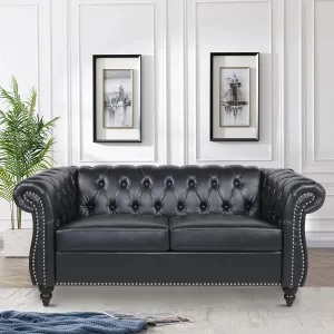 Chesterfield Loveseat Leather, Modern Upholstered Tufted Couch 2 Seater with Rolled Arms and Nailhead for Living Room, Bedroom (Black)