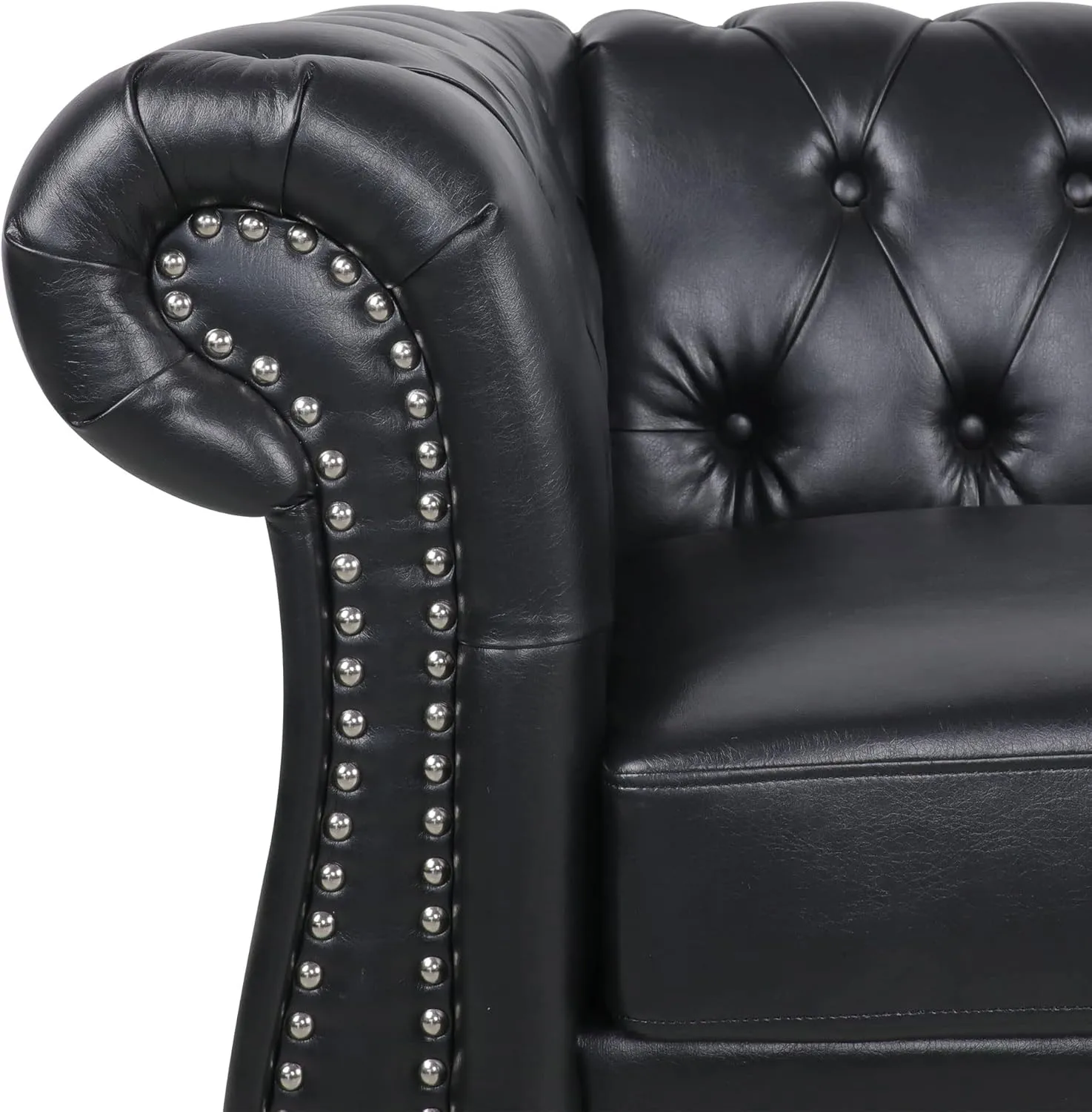 Chesterfield Loveseat Leather, Modern Upholstered Tufted Couch 2 Seater with Rolled Arms and Nailhead for Living Room, Bedroom (Black)